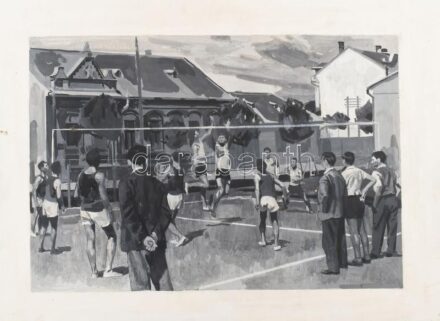 Jelzés nélkül: Röplabdázók. Olaj, farost. Apró felületi sérüléssel és foltokkal. 20,5x30 cm