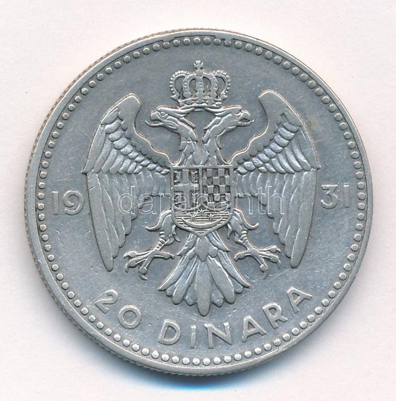 Jugoszlávia 1931. 20D Ag 'I. Sándor' T:2- Yugoslavia 1931. 20 Dinara Ag 'Alexander I' C:VF Krause KM#11 - Image 2