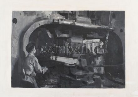 Jelzés nélkül: Üzemi munkások (szocreál életkép). Olaj, farost. 20,5x30 cm