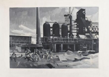 Jelzés nélkül: Szünet az építkezésen (szocreál életkép). Olaj, farost. 20,5x30 cm