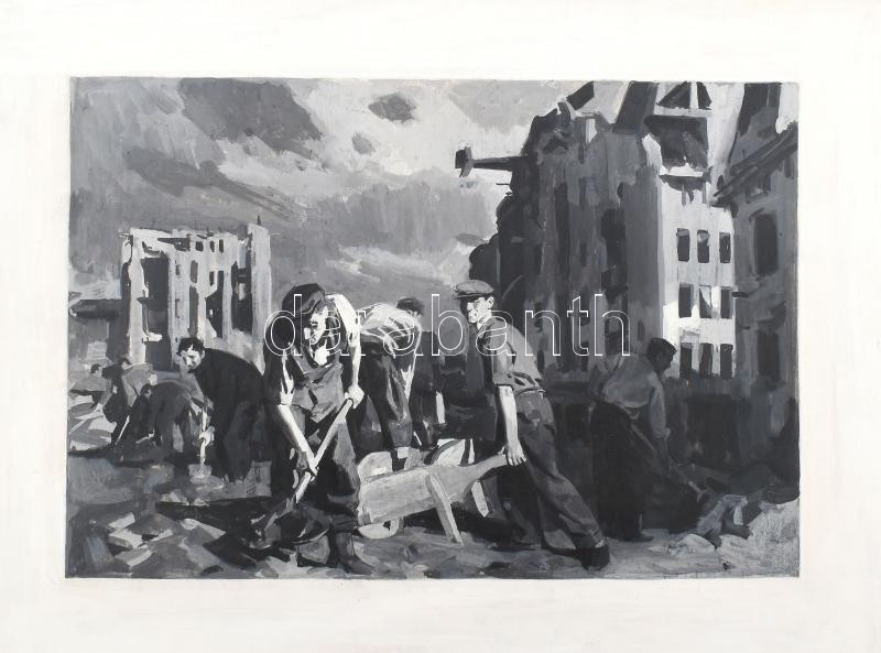Jelzés nélkül: Romok eltakarítása. Olaj, farost. 20,5x30 cm