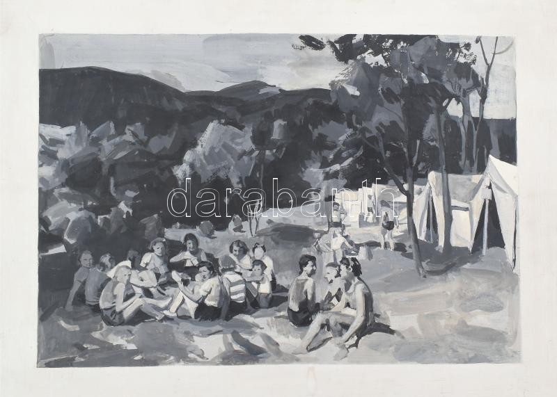 Jelzés nélkül: Táborozó gyerekek. Olaj, farost. 20,5x30 cm