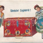 1942 Cegléd, magyar népviseletes leporellolap 10 képpel s: Bernáth (szakadás / tear)