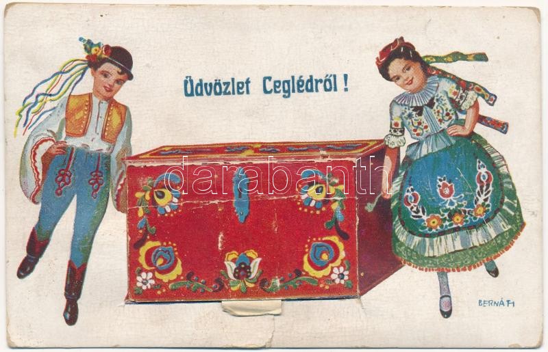 1942 Cegléd, magyar népviseletes leporellolap 10 képpel s: Bernáth (szakadás / tear)