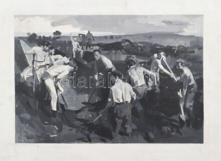 Jelzés nélkül: Építkezés (szocreál életkép). Olaj, farost. Kissé sérült. 20,5x30 cm