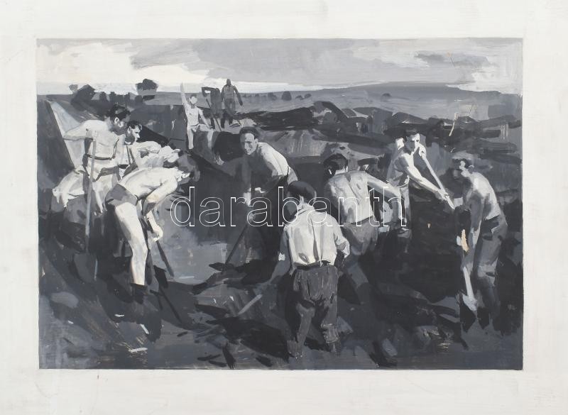 Jelzés nélkül: Építkezés (szocreál életkép). Olaj, farost. Kissé sérült. 20,5x30 cm