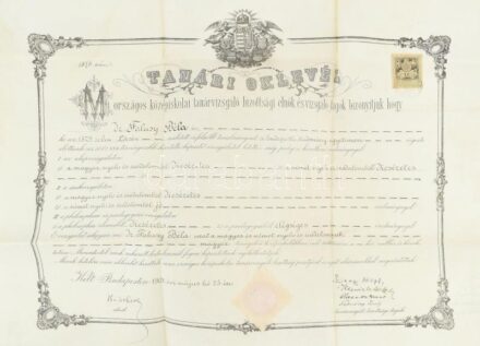 1903 Bp., díszes tanári oklevél, angyalos-koronás nagycímerrel, felzetes viaszpecséttel, 1K okmánybélyeggel, hajtott, 58,5x45,5 cm