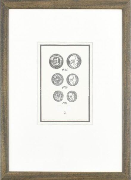 Prutkay Péter (1947-2022): Öt forint, 1997. Fametszet, papír. Jelzett. Üvegezett fakeretben. 19x12,5 cm
