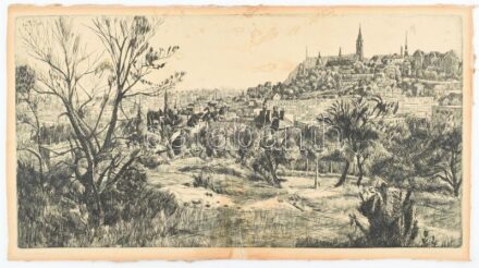 Csisztu Mihály (1933-2008): Rózsadombi táj. Rézkarc, papír, kartonra kasírozva, jelzett, foltos, sérült, 29×54 cm