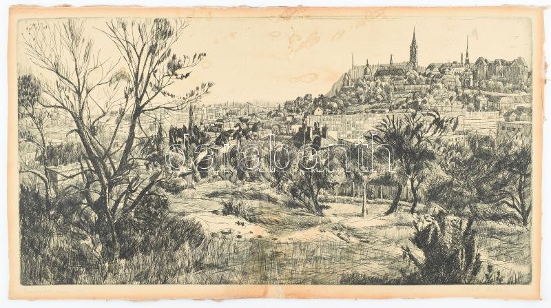 Csisztu Mihály (1933-2008): Rózsadombi táj. Rézkarc, papír, kartonra kasírozva, jelzett, foltos, sérült, 29×54 cm