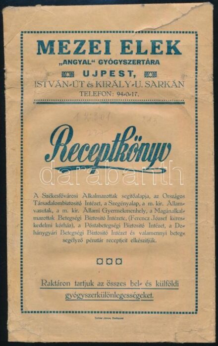 Mezei Elek 'Angyal' Gyógyszertára Újpest receptkönyvboríték, szakadással