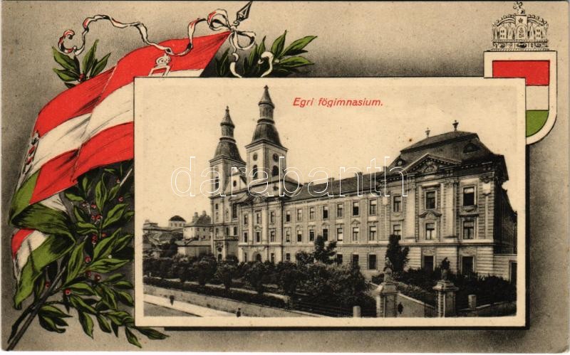 Eger, Főgimnázium. Szecessziós keret magyar zászlóval és címerrel (EK)