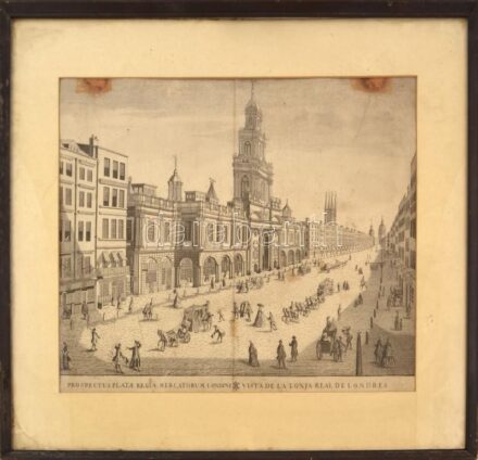 Kilátás a londoni börzére, Royal Merchants' Square-re (Prospectus platae regiae mercatorum), 1760 körül. Rézmetszet, papír, jelzés nélkül, foltos, 36x49 cm. Üvegezett fakeretben.