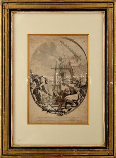 Simon Vouet festménye után, Doriany metszése: Építkezés. Rézmetszet, papír, jelzett a metszeten. Lap alján régi, olvashatatlan felirattal. Kissé sérült, foltos, 42x28 cm. Üvegezett, dekoratív, kissé sérült fakeretben.