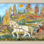 Kusztos Gyula (?-): Szekér fehér paripával. Vegyes technika, farost, jelzett, 46x71 cm. Dekoratív, kissé sérült fakeretben.