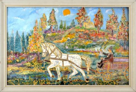 Kusztos Gyula (?-): Szekér fehér paripával. Vegyes technika, farost, jelzett, 46x71 cm. Dekoratív, kissé sérült fakeretben.