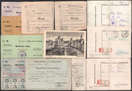 cca 1940 Kis vegyes okmány tétel: Motalkó jegyek, újraoltási bizonyítványok, stb.