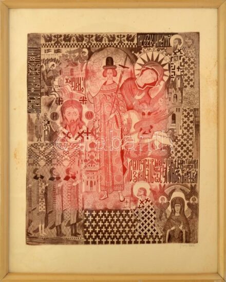 Győry Miklós (1905-1995): Szentek (cím nélkül). Színes rézkarc, papír, jelzett, foltos, üvegezett fakeretben, 59,5x49 cm