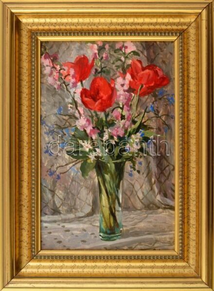 Salamon György (1948-): Csendélet. Olaj, farost, jelezve jobbra lent (keret által takarva). Dekoratív fakeretben, 33x21,5 cm