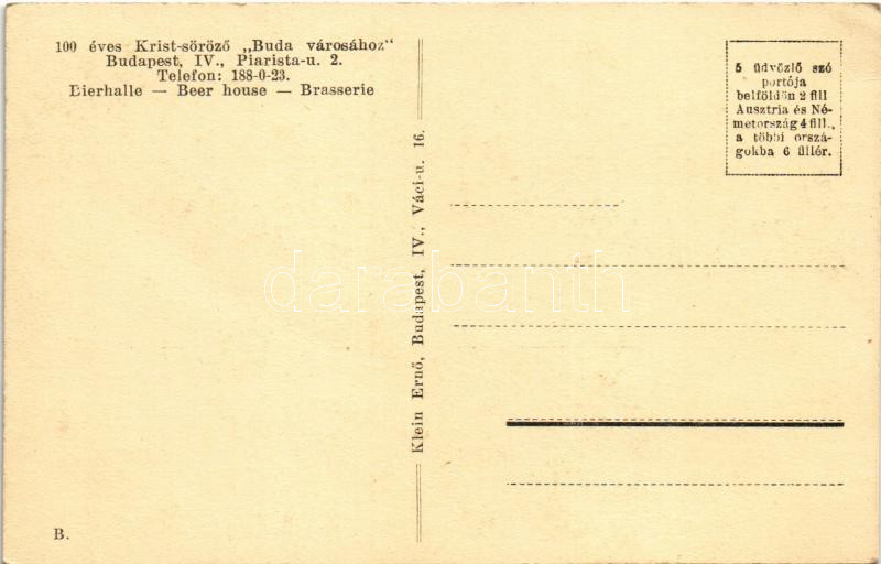 Budapest V. 100 éves Krist (Százéves étterem) söröző 'Buda városához', belső. Piarista utca 2. - Image 2