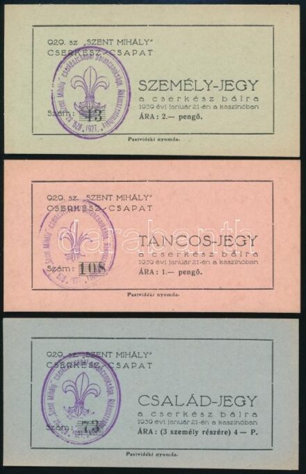 1939 3 db cserkész bálra szóló számozott jegy, 929. sz. 'Szent Mihály' cserkészcsapat parancsnoksága, Rákosszentmihály bélyegzőjével,