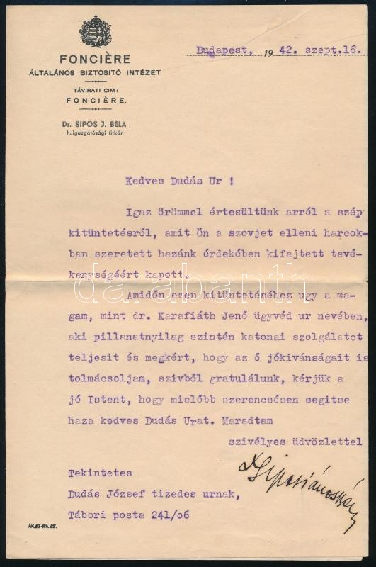1942-1944 Katonai iratok: alkalmatlansági bizonyítvány, dicséret kitüntetés alkalmából, 2 db - Image 2