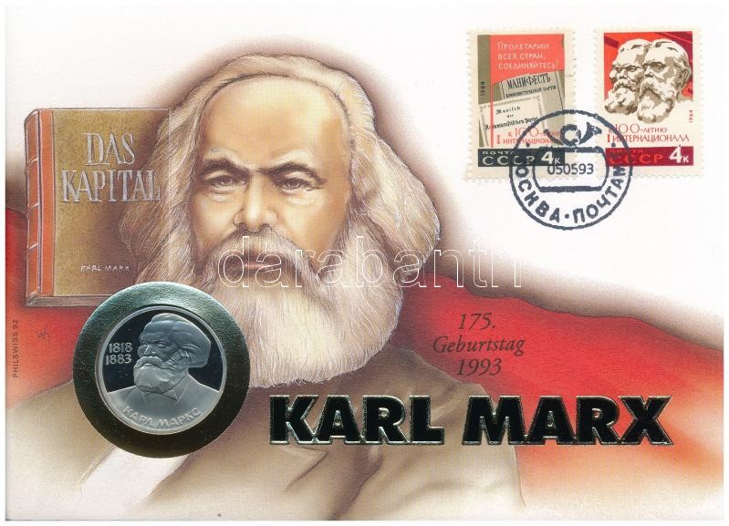 Szovjetunió 1983. 1R 'Karl Marx' érmés borítékban, bélyegzéses bélyeggel, német nyelvű leírással T:PP Soviet Union 1983. 1 Rouble 'Karl Marx' in coin envelope with stamp and cancellation, with German description C:PP Krause Y#191.1