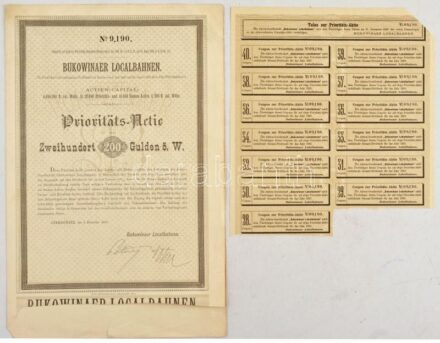 Ukrajna / Csernyivci 1887. 'Bukovinai helyi vasút' részvénye 200G-ről német nyelven szelvényekkel T:III szakadások / Ukraine / Czernowitz 1887. 'Bukowinaer Localbahnen' share about 200 Gulden with coupons C:F tears