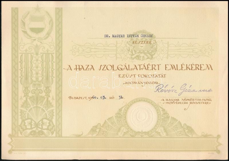 1960 Bp., A Haza Szolgálatáért Emlékérem ezüst fokozatának adományázó oklevele