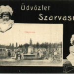 Szarvas, Piac tér, üzletek, csendőr. Montázs kisgyerekekkel, Müller Károly kiadása