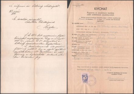 1896-1949 3 db judaika témájú irat (levél az izraelita nőegyletnek, anyakönyvi kivonat, stb.)