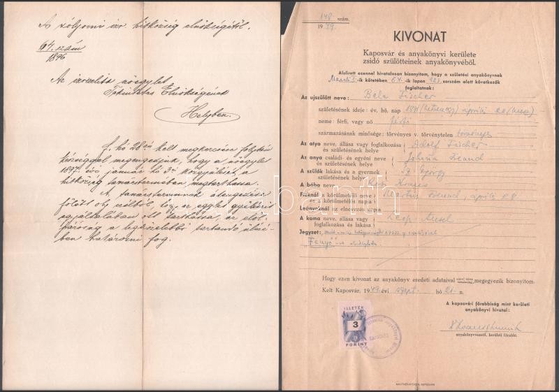 1896-1949 3 db judaika témájú irat (levél az izraelita nőegyletnek, anyakönyvi kivonat, stb.)