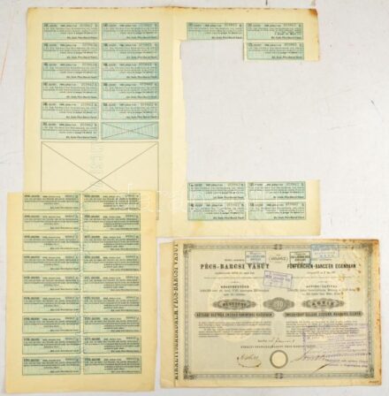 Buda-Pest 1868. 'Pécs-Barcsi vasút' részvénye 200Ft értékben szárazpecséttel, szelvényekkel, bélyegzésekkel T:III fo., szakadások, ragasztás / Hungary / Buda-Pest 'Pécs-Barcs Railway' share about 200 Forints with embossed stamp,