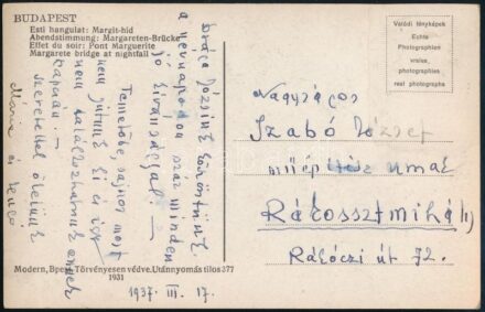 Johan Hugó (1890-1951) festő- és iparművész és felesége, Szabó Mária autográf aláírása egy Szabó József (1889-1955) műépítésznek, Szabó Mária testvérének küldött küldött képeslapon, 1937.III.27. datálással