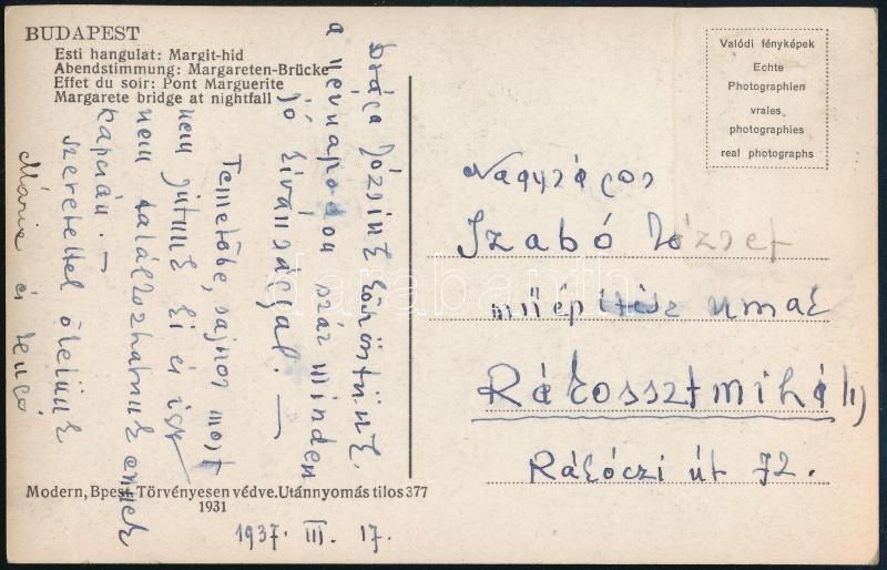 Johan Hugó (1890-1951) festő- és iparművész és felesége, Szabó Mária autográf aláírása egy Szabó József (1889-1955) műépítésznek, Szabó Mária testvérének küldött küldött képeslapon, 1937.III.27. datálással