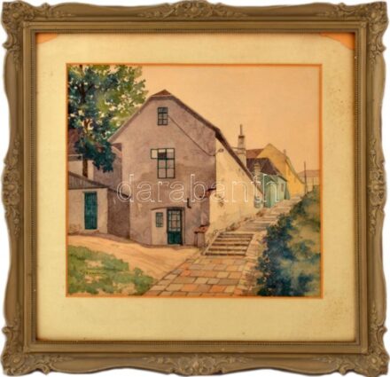 Szabó József (1889-1955): Tabán, Kőműves-lépcső. Akvarell, papír, jelzett. Üvegezett, dekoratív fakeretben. 32×35 cm.