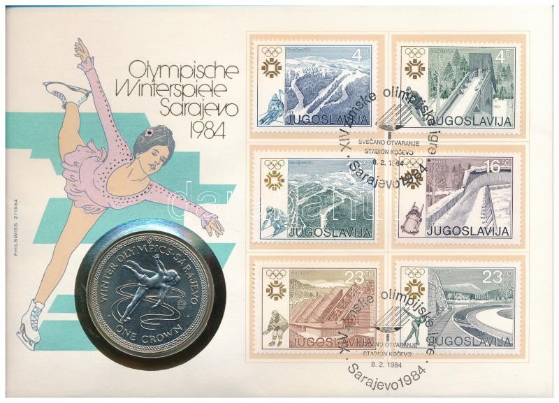 Man-sziget 1984. 1C Cu-Ni 'Szarajevói Téli Olimpia' felbélyegzett borítékon, alkalmi bélyegzéssel T:1 patina Isle of Man 1984. 1 Crown Cu-Ni 'Winter Olympic Games in Sarajevo' in envelope with stamp C:UNC patina Krause KM#117