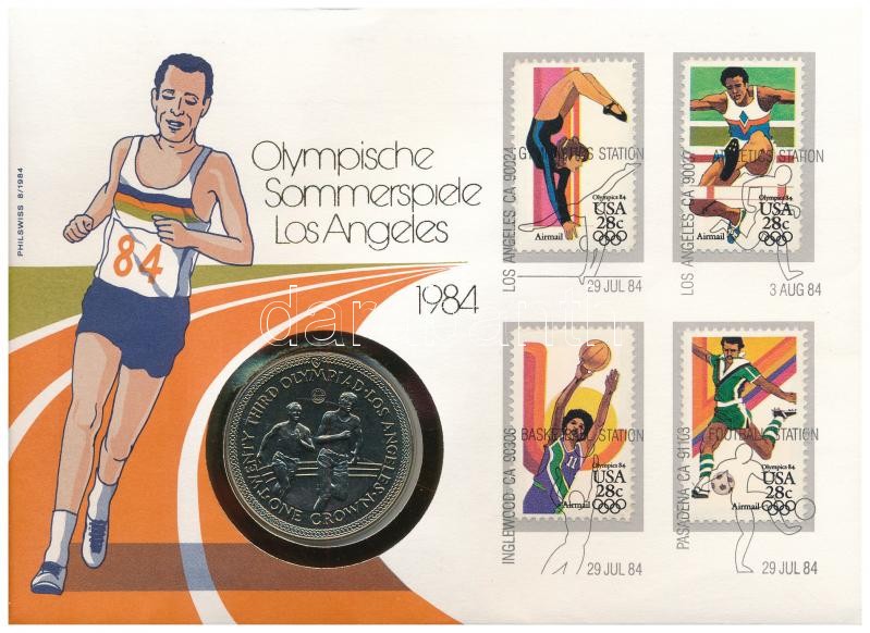 Man-sziget 1984. 1C Cu-Ni 'XXIII. Olimpia Los Angeles' bélyeges borítékban, bélyeggel és bélyegzéssel T:1 Isle of Man 1984. 1 Crown Cu-Ni 'Twenty-third Olympiad Los Angeles' in coin envelope with stamps and cancellations C:UNC Krause KM#118