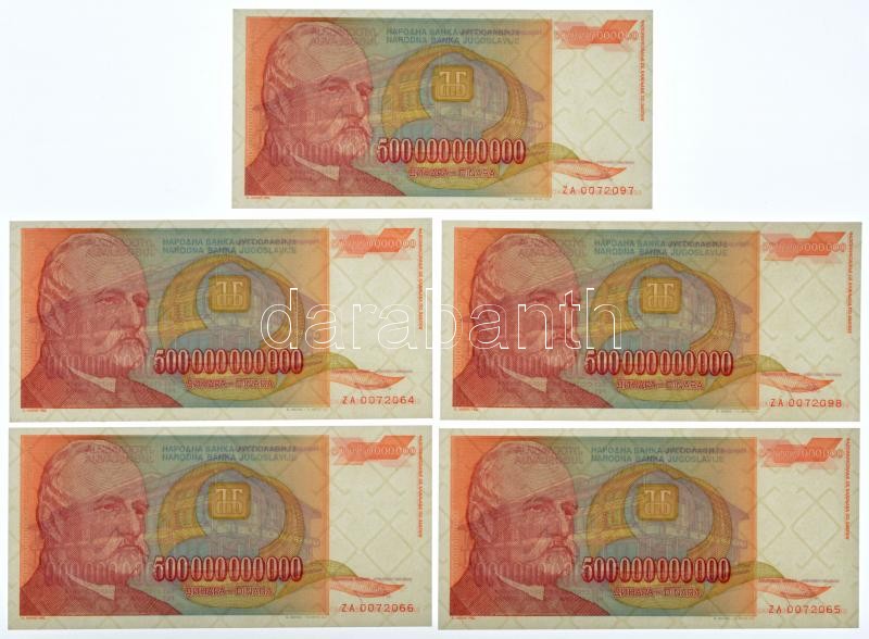 Jugoszlávia 1993. 500.000.000.000D (5x) sorszámkövetők két részletben 'ZA 0072064-ZA 0072066' , 'ZA 0072097-ZA 0072098' T:I,I- / Yugoslavia 1993. 500.000.000.000 Dinara (5x) consecutive serials in two parts 'ZA 0072064-ZA 0072066' , 'ZA