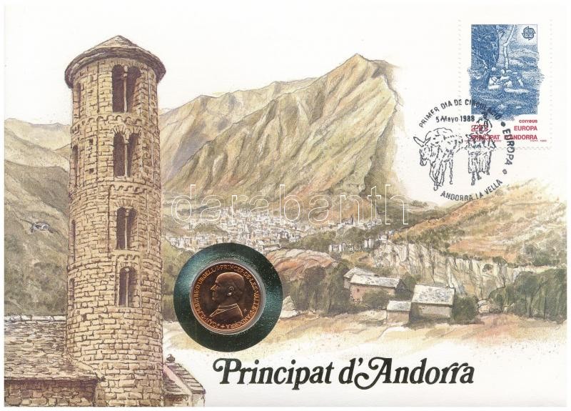 Andorra 1986. 25c felbélyegzett borítékban, bélyegzéssel, német nyelvű leírással T:1 Andorra 1986. 25 Centims in envelope with stamp and cancellation, with german language description C:UNC