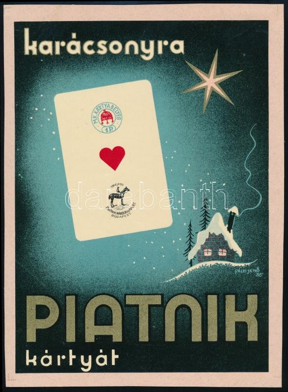 1935 Pályi Jenő (1903-1953): 'Karácsonyra Piatnik kártyát', villamosplakát kartonon, 24x17 cm