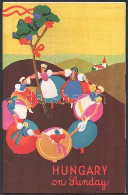cca 1920-1940 Mallász Gitta (1907-1992): Hungary on Sunday. Bp, Klösz-ny., kihajtható képes prospektus, színes illusztrációkkal, fotókkal, térképpel, angol nyelven, a hátoldalán kis sérüléssel, 2. sztl. lev.