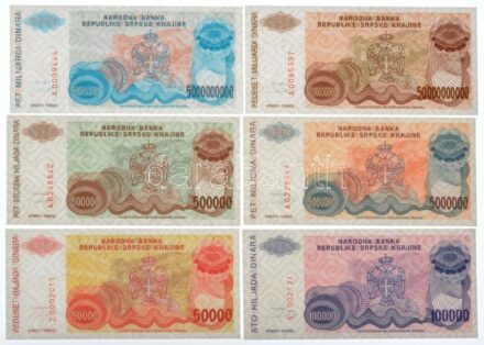 Horvátország / Krajna Szerb Köztársaság / Knin 1993. 50.000D + 100.000D + 500.000D + 5.000.000D + 5.000.000.000D + 50.000.000.000D 'A' és 'Z' kezdetű sorszámokkal T:I,I- az egyiken kis vágáshiba / Croatia / Republic of Serbian Krajina /