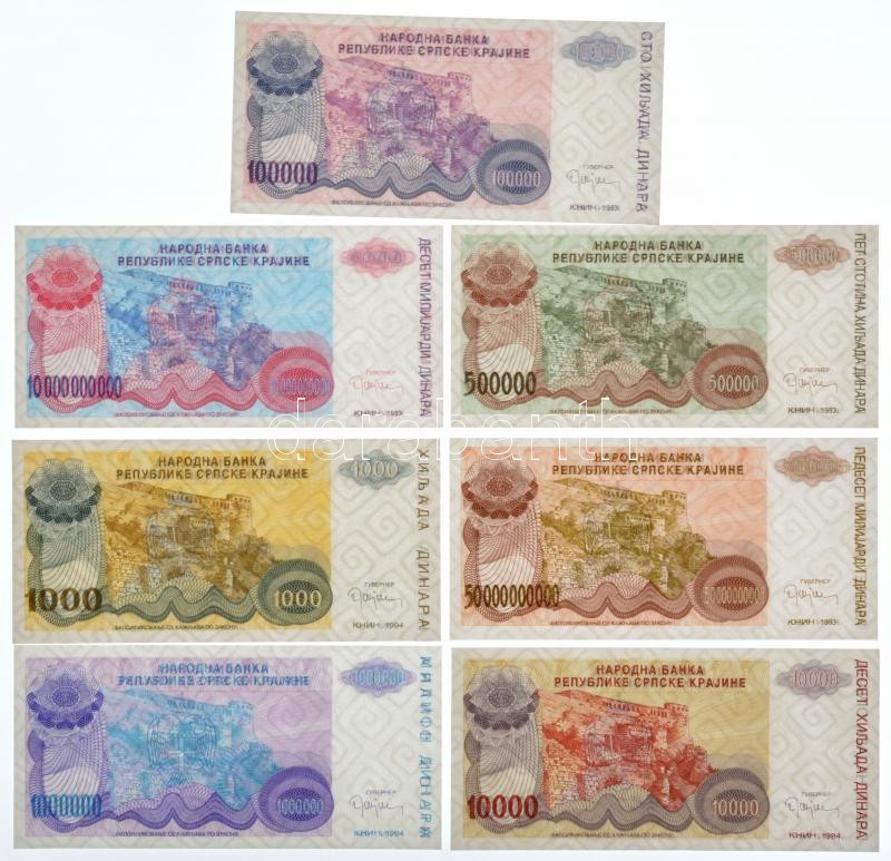Horvátország / Krajna Szerb Köztársaság / Knin 1993. 100.000D + 500.000D + 10.000.000.000D + 50.000.000.000D + 1994. 1000D + 10.000D + 1.000.000D mind a 7 db bankjegy sorszám nélkül! T:I / Croatia / Republic of Serbian Krajina / Knin