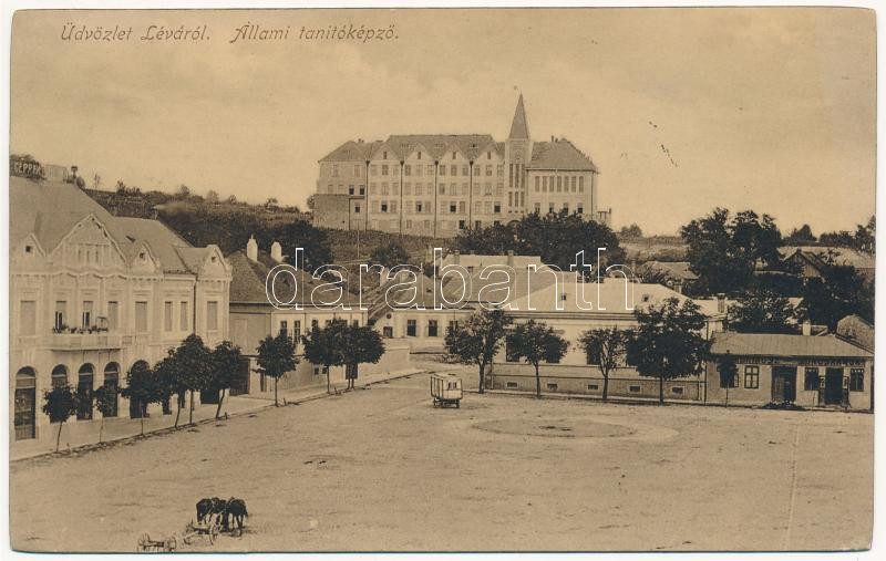 1914 Léva, Levice; Kossuth tér, Állami tanítóképző, sörcsarnok. Schulcz Ignác kiadása / square, teachers training institute, beer hall