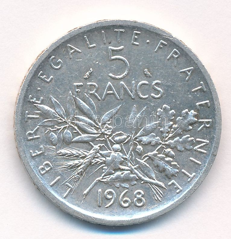 Franciaország 1968. 5Fr Ag T:1-,2 ph France 1968. 5 Francs Ag C:AU,XF edge error Krause KM#926 - Image 2
