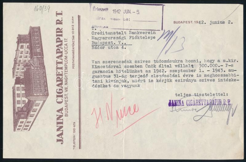 1942 Janina Cigarettapapír Rt. fejléces számlája