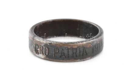 I. Világháborús 'Aranyat vasért!' acél gyűrű, rozsdás, kopott, 'Pro patria 1914' felirattal.