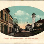 Poprád (Magas Tátra, Vysoké Tatry), Katolikus templom és iskola. Strompf S.A. kiadása / church and school (EK)