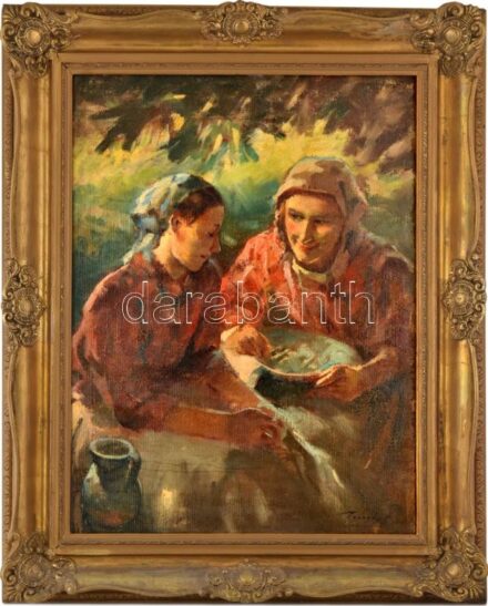 Péczely Antal (1891-1944): Lányok. Olaj, vászon, jelzett. Dekoratív, javított fakeretben, 80×60 cm